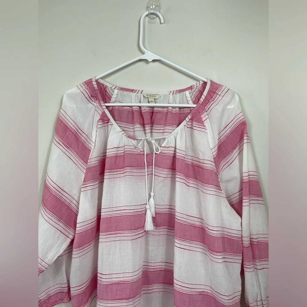 Sonoma Life Style Pink 3/4 Sleeve Blouse Lace Up Women's Pink White Strip Sz 1X - Picture 2 of 12
